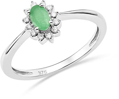 Miore Schmuck Damen 0.07 Ct Diamant Blume Verlobungsring mit Edelstein Geburtsstein natürlicher ovaler grüner Smaragd umgeben von 12 Diamanten Brillanten klassischer Ring aus Weißgold 9 Karat 375 Gold
