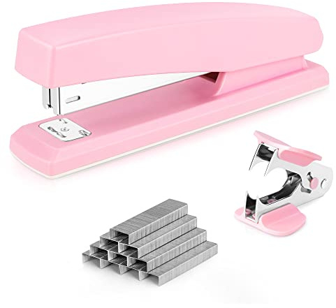 Deli Agrafeuse de bureau, agrafeuse de bureau, capacité de 20 feuilles, comprend 1000 agrafes et un dissolvant d'agrafes (rose)