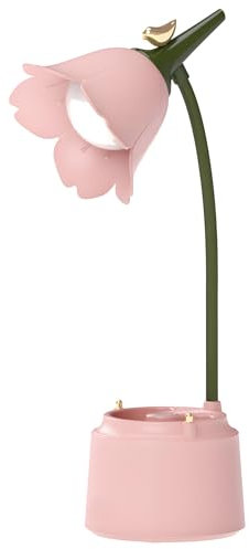 QIANGUANG Schreibtischlampen LED, Blume Vogel Tischlampe, USB wiederaufladbar Leselicht, 3 Farbmodi, berührungsempfindlicher Schalter (Rosa)