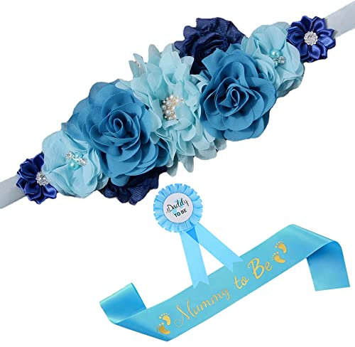 Nishine Cinturón de maternidad azul con diseño de flores, cinturón de embarazo para mamá, baby shower, niñas, dama de honor, Azul, Large
