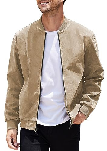 COOFANDY Herren Casual Varsity Jacke Vintage Leichte Wildleder Bomberjacken, Hellkhaki, L