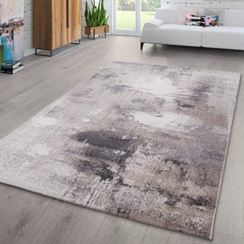 TT Home Wohnzimmer Teppich Kurzflor Abstraktes Design Pastell Used Look Modern Bunt, Farbe: Grau Beige Creme, Größe:240x340 cm