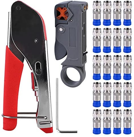 Coax Cable Crimper Kit, Coax Crimping Tool Coax Cable Crimper Tool Kit, F-Type Compression Crimping Tool with Crimp Connector Tool and Rotary Coaxial Cable Cutter for Coaxial Cable RG58/59/62/6/174