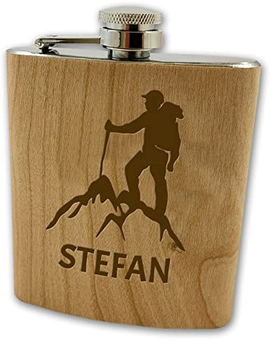 Holz Flachmann mit Name graviert | Bergsteiger Wandern Geschenkidee Vatertag Männertag | Gravur personalisiertes Geschenk (Berge Wandern)