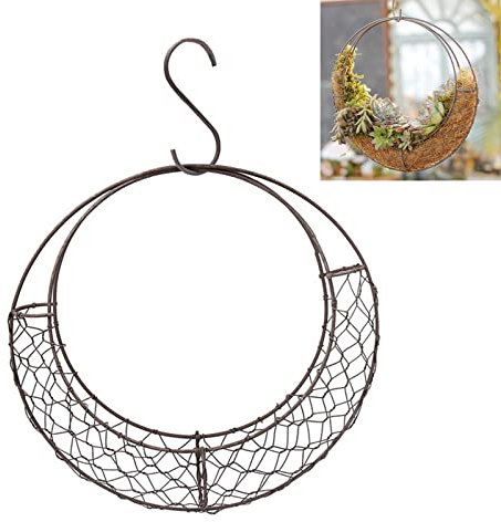 TREETDOBV Moon Shaped Wire Wreath Frame Hanger, Round Succulent Pot Plant Holder, Metal Hanging Planter, Indoor Use, Black, 11 x 8.7