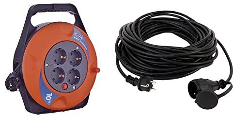 EMOS P19510 Mini-Kabeltrommel 10m / 4-Fach Kabelbox/Kabelrolle/Leitungsroller für den Innenbereich, 2300 W & REV 0065109 Verlängerung, Verlängerungskabel Aussenbereich wasserd. 10m 3680W, schwarz