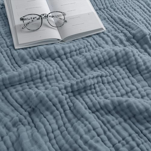 Comfy Cubs Queen-Size-Musselin-Decke, extra groß, 228,6 x 228,6 cm, 6-lagig, kühlende Baumwolle, weich, atmungsaktiv und warm, Überwurf für Schlafzimmer, Wohnzimmer, Couch (Pazifikblau, Queen-Size,