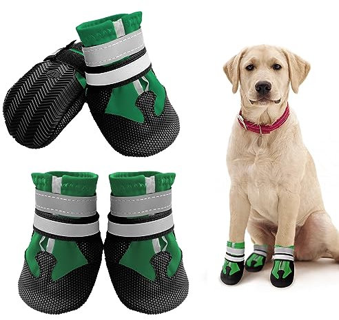 NeuWee Hundeschuhe Pfotenschutz, 4er-Set Wasserdicht Hundeschuhe mit Reflektierenden Riemen, Hundeschnee Stiefel Regenschuhe für Kleine, Mittelgroße und Große Hunde (XXL, Grün)