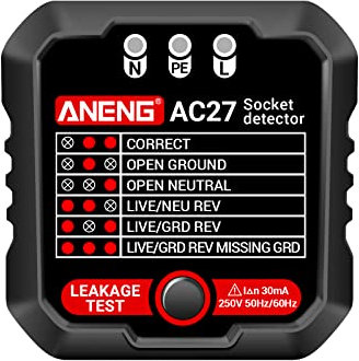 HUIOP Tester per prese 250V Tester per prese di rilevamento rapido Rilevatore di prese Rilevatore di perdite Spina Polarità di terra Rilevatore di tensione di polarità del circuito elettrico