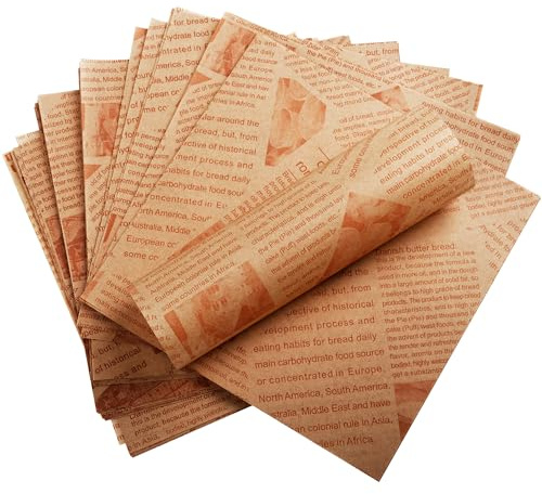 200 Greaseproof Paper Sheets for Food Basket & Plate Liners 7 x 7 Inch Old Newspaper Style Food Wrapping Deli Paper for Burger French Fries Bread Sandwich Fish and Chip Wrapping (Brown)