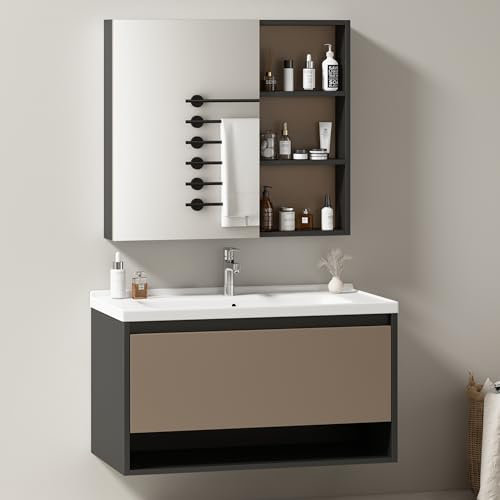 HAINEW Badmöbel Set mit Waschbecken Unterschrank und Spiegelschrank, 90cm Breit Hängend Waschbeckenunterschrank mit Keramikwaschbecken und Schubladen, Hellgrau