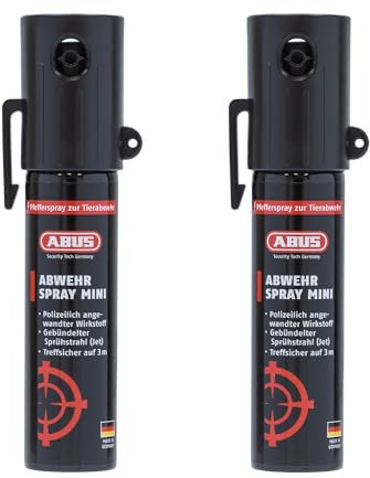 ABUS Abwehrspray SDS80 Mini zur Tierabwehr – Pfefferspray zur Selbstverteidigung bei Tierangriffen – Jet-Sprühstrahl für bis zu 3 m Reichweite – für Hand- und Jackentaschen - je 20 ml - 2er Set