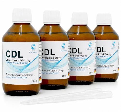 Life Solution - Chlordioxid Lösung 0,3% - CDs - CDL - 4X 250 ml (1 Liter) - Trinkwasserdesinfektion - Wasseraufbereitung - Chlorine Dioxide Solution + Anleitung & Pipette