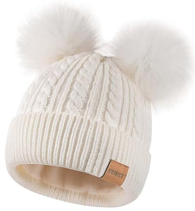 FISFET Mütze Damen Winter Mit Doppeltem Bommel, Warme Strick Fleece Gefüttert Beanie für Kaltes Wetter und Täglichen Gebrauch (Weiß)