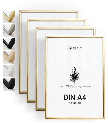 Heimlich® - Bilderrahmen - A4 21x30 cm, Aluminium Metall, Gold, 4er Pack - Rahmen für Dokumente, Urkunden, Diplome mit Kunststofffolienabdeckung - Wandmontage oder Tischaufsteller