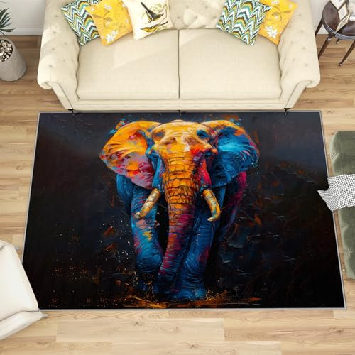 Teppich Kinderzimmer Elefant - Teppich Wohnzimmer Schlafzimmer Elefanten, Kleiner Teppich Elefantenmotiv, Weich Kurzflor & Waschbar & rutschfest Fussmatte Innen, Kinderteppich 80x150 cm
