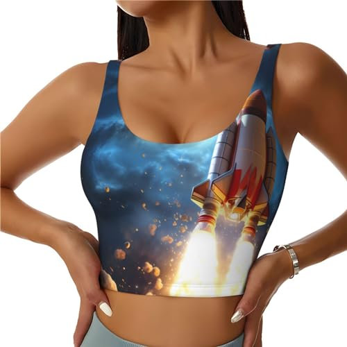 BROLEO Damen Atmungsaktiver Sport-BH Elastische Sportweste Yoga Tank Top Tops Shirts Rocket in Space Prints, Schwarz , XL