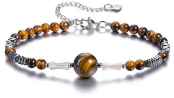 JSDDE Geflochten Tigerauge Armband mit Muschelperlen und Magnetperlen, Natürliche Edelstein Hämatit Perlen Magnettherapie für Damen Herren (Tigerauge)