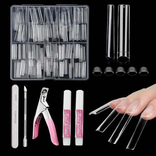 XXL Extra Long No C Curve Square Nail Tips, Venares 240 Pcs Non C Curve Nail Tips 12 Size Long Square Nail Tips No C Curve for Gel Extensions