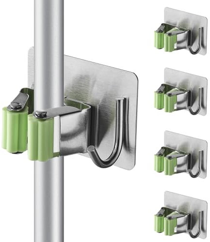 Cokshy Mop Broom Holder, 4 Pcs Stainless Steel Broom Holder Self Adhesive with Hook, Square Heavy Duty Garden Tool Organizer Rack Wall Mount for Kitchen Bathroom Closet Garden Garage - Green