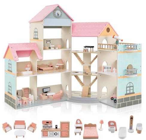 GOPLUS Maison de Poupée Enfant Fille, avec 42 Accessoires, Véritable Balcon, Maison de Poupée de Rêve d'angle en Bois, Manoir pour Poupées de 15 cm à 3 Etages 7 Pièces, pour 3+ Ans