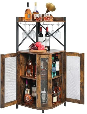 NEYTIIR Eck-Barschrank mit Glashalter, Barschrank mit Verstellbarer Ablage, 4-stöckiges industrieller Weinschrank mit Netztür, Hausbar für Weinaufbewahrung, für Küche, Bar, Keller, Esszimmer