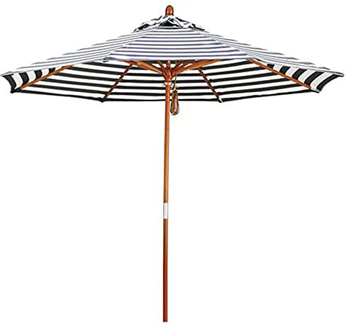Grand parasol de plage à rayures noires et blanches de 270 cm, parasol de jardin rond en bois pliable pour pelouse/piscine, 8 baleines, parasol d'extérieur sans base, Blanc/noir