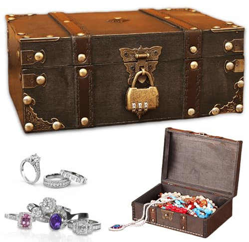 GBKDQQ Vintage Holz Schatztruhe 24x17x9.5cm, Schatzkiste mit Zahlenschloss, Schatztruhe Kindergeburtstag, Holz Aufbewahrung Schatzkiste, Holztruhe für Aufbewahren, Dekoration