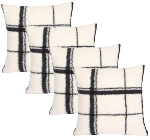 OHS Pillow Covers Pack of 4 Oakley Check Pillowcases, Soft Cosy Teddy Fleece Fabric Chic Check Pattern Cushion Covers For Livingroom Bed Couch, 45x45cm-Monochrome
