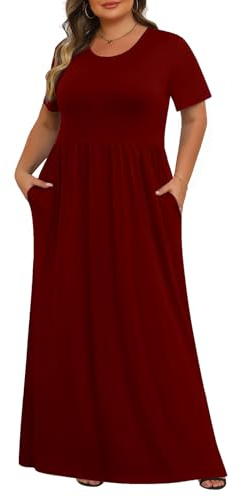 Tencede Womens Plus Size Maxi Dresses Summer 2026 Casual Short Sleeve with Pockets Long Dress 1X-5X, Wine Red, 5XL