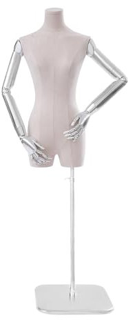 HuKaiL Schneiderpuppe, Schaufensterpuppe Weiblich Bügelpuppe mit Verstellbar Höhe 120-210cm, Abnehmbare Torso Annequin mit Wildleder Stoff für Ausstellen Kleidung, Silber+Beige