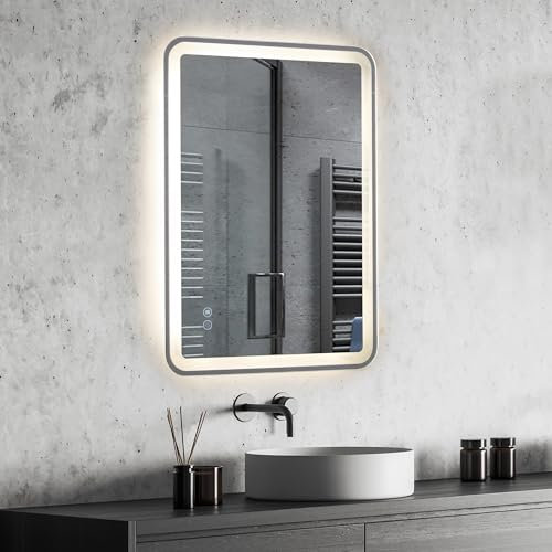 EROMMY 500 X 700 mm Illuminated Bathroom Mirror with shavor socket, Wall Mounted Multifunction Smart LED Bathroom Mirror with Sensor Touch Control, 3 Colors Dimmable Light, Anti-Fog, Memory Function