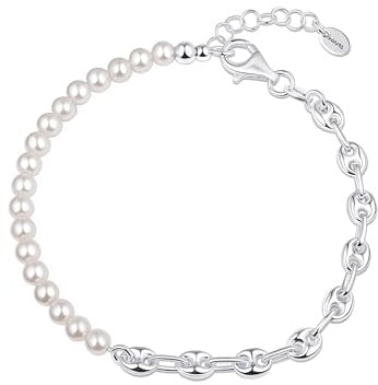 Amberta Italienische Damen Armband Perle 925 Sterling Silber | Armband Damen Silber mit Kunstperlen, Stapelbares Armband Hochzeitsarmband Braut Geschenk Verstellbares: Kaffeebohnen Armband