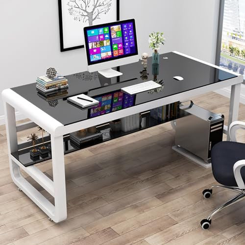 Bureau d'ordinateur en verre trempé avec étagères de rangement et étagère, table d'écriture moderne pour PC et ordinateur portable, pour jeux et bureau à domicile