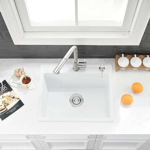 Bokaiya Fregadero de cocina blanco, 55 x 45 cm, kit de residuos de cocina compuesto de cuarzo, fregadero de montaje superior, cuenco individual, caravana profunda con 2 agujeros para grifo y sifón