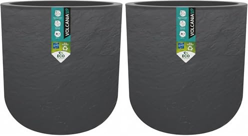 EDA - Pot Rond 50 cm Volcania'Up 67 L - Décor Imitation Pierre - Simple Paroi - Zone de Rétention d'eau - Ø 48,5 x H.46,2 cm - Gris Anthracite (Lot de 2)