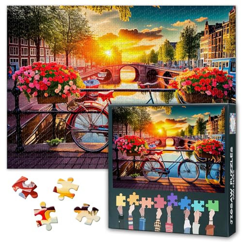 1000 Teile Puzzle UNESCO Grachten Amsterdam | Sommerliche Szene mit Blumen & Fahrrädern auf Brücke | Künstlerische Niederländische Landschaft | Schwieriges Papierpuzzle für Erwachsene