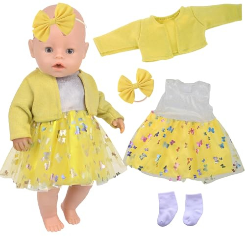 14-18 Zoll Babypuppenkleidung, 4 Stück 35-45cm Puppenkleidung, Puppenkleider mit Gelber Mantel Tüllrock Haarband Socken, Süße 43 cm Puppen Outfits, Babypuppen Kleidungs Zubehör für Mädchengeburtstag
