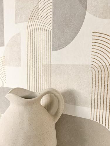Newroom Tapete Grau Vliestapete Streifen - Mustertapete Modern Beige Gold Linien Bogen Boho-Tapete Boho Ethno-Muster Retro inkl. Tapezier-Ratgeber