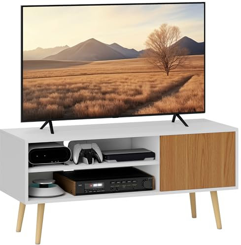 HOMCOM Mueble de TV Moderno Mueble de TV para Salón con 2 Compartimentos Abiertos 1 Puerta y Orificio para Cables para Televisión de 55 Pulgadas 110x40x50 cm Blanco y Natural
