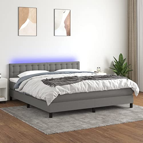 QJBSAVVA Boxspringbett 160x200 Dunkelgrau mit Matratze LED Nachttisch Komplettset Modernes Design Robustes Taschenfederkern für Schlafzimmer