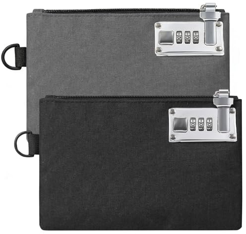 2Pcs Lockable Money Bag - Portable Zipper Lockable Money Pouch with 3 Digit Code, 8.3 x 5.3 inch Durable Waterproof Documents Storage Bag for Cash, Wallet, Jewelry, Passports, Travel(Grey and Black)