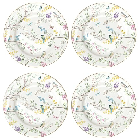 Dessertteller-Set 4-teilig aus Porzellan, 19 cm, Romantisches Vogel- und Blumenmotiv mit Goldrand, Frühstücksteller im Vintage-Stil, Kuchenteller-Set mit Naturmotiven (Set mit 4 Desserttellern 19 cn)