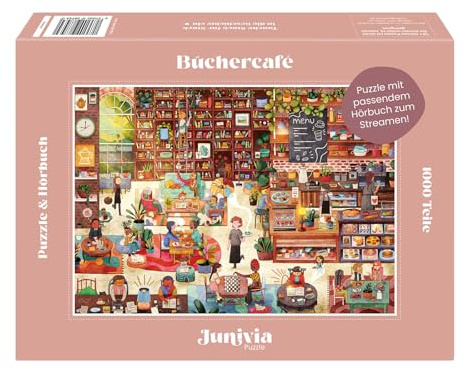 Büchercafé – Puzzle 1000 Teile inkl. passendem Hörbuchlink zum Streamen, für Erwachsene & Kinder ab 14, Premium Puzzleteile, plastikfrei verpackt, Made in Germany | Junivia
