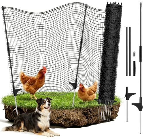 Temporary Fencing, RIFNY 0.8 x 15m Dog Fence Outdoor with Posts Ties | with Landscape Staples, Garden Plastic Mesh Barrier Fence to Protect Plants from Chicken Cat Pets Deer (Black)