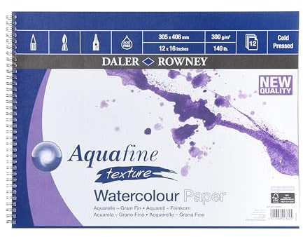 Daler-Rowney Aquafine Textured Cold-Pressed Watercolour & Gouache 300gsm 16 x 12in Paper Spiral Pad, Natural White, 12 Sheets, Ideal for Professional & Beginner Artists, Acid-Free