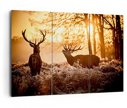 Mehrteilige Bilder auf Leinwand 165x110cm Leinwandbild Deer Heidekraut Tier Groß XXL Wanddeko Bild Schlafzimmer Set 3 teilige Wandbilder Dekoration Wohnzimmer Canvas Wand Kunstdruck Art CE165x110-3043