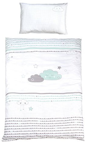 roba Kinderbettwäsche 100 x 135 cm - Happy Cloud - Bettwäsche Set für Mädchen & Jungen - 2-teilig inkl. Decken & Kissenbezug aus Baumwolle - Wolken Motiv - Mint / Weiß