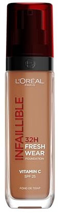 L'Oréal Paris, Base de maquillaje Líquida Infaillible 32h Fresh Wear, Para todo tipo de piel, Larga duración, Tono: Doré Foncé (365), 30 ml
