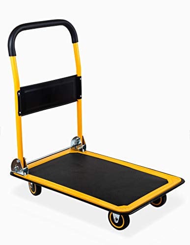MaxWorks 80876 - Carrello a spinta per camion con piattaforma pieghevole, 150 kg di carico massimo, nero e giallo, 73 x 47,6 x 83,8 cm